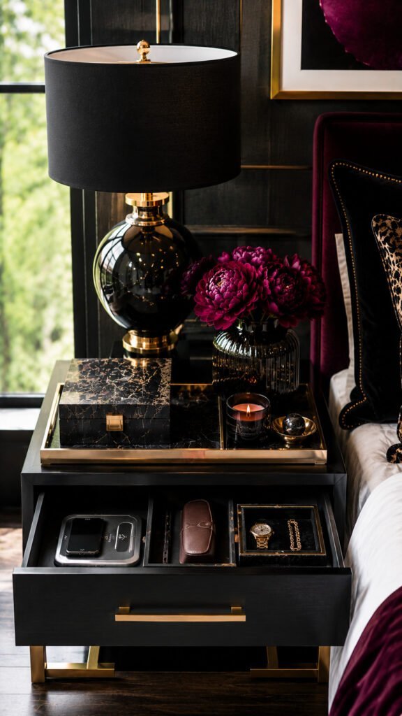 Elegant nightstand vignette with luxury accents