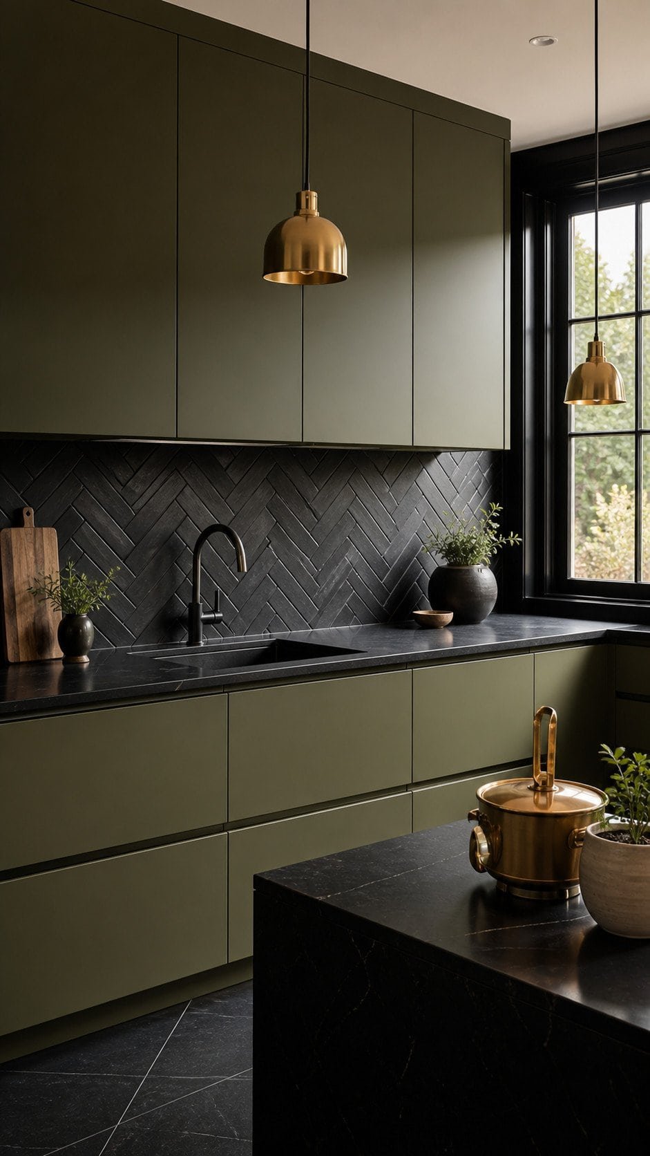 Elegant olive-green kitchen with brass accents
