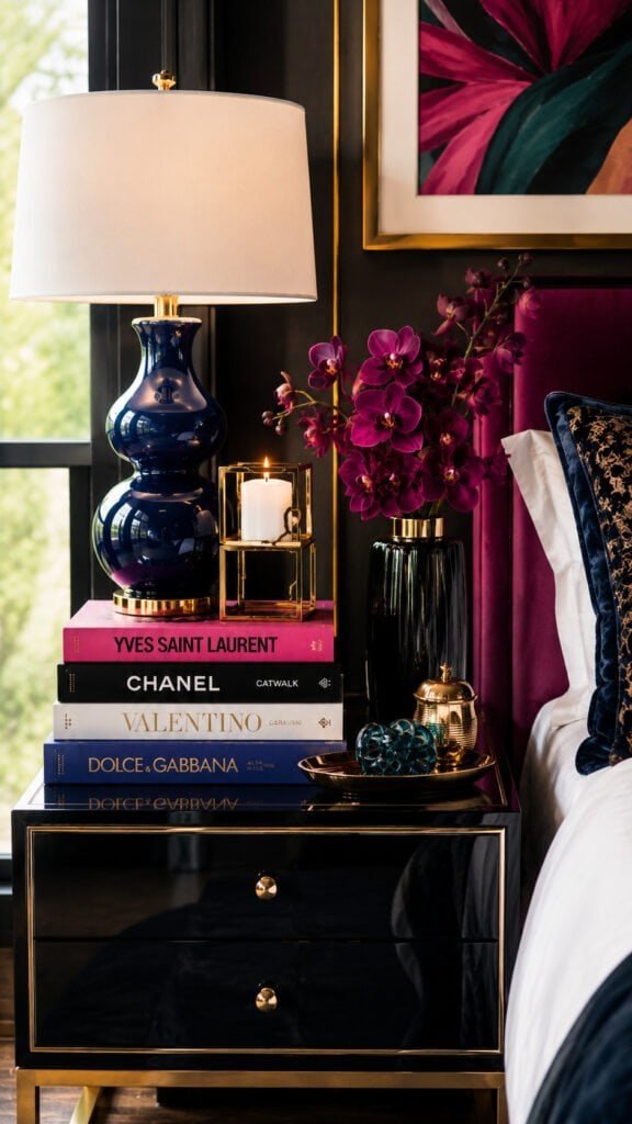 Glamorous nightstand with designer books and floral accents