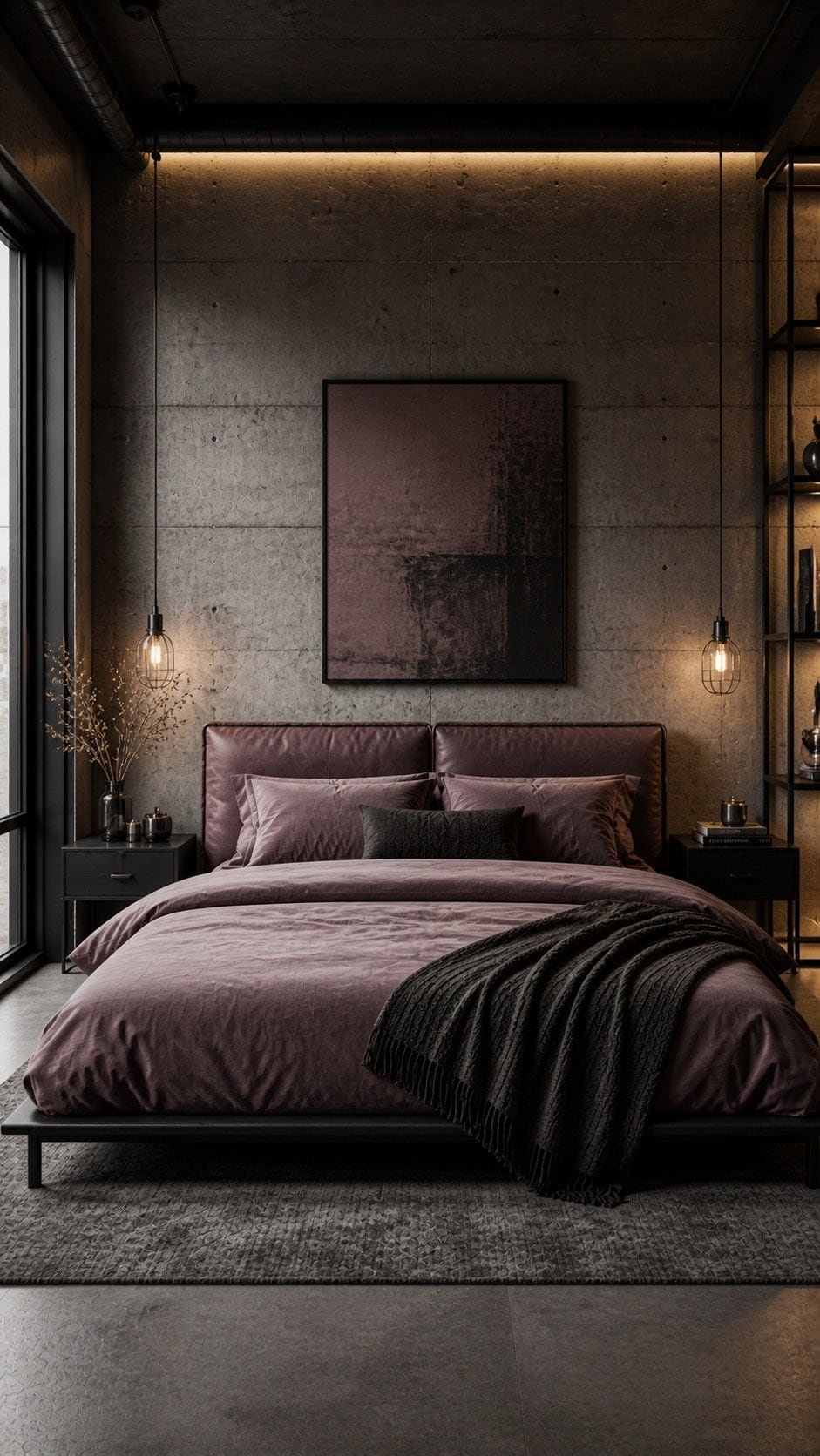 Industrial modern bedroom with warm accents