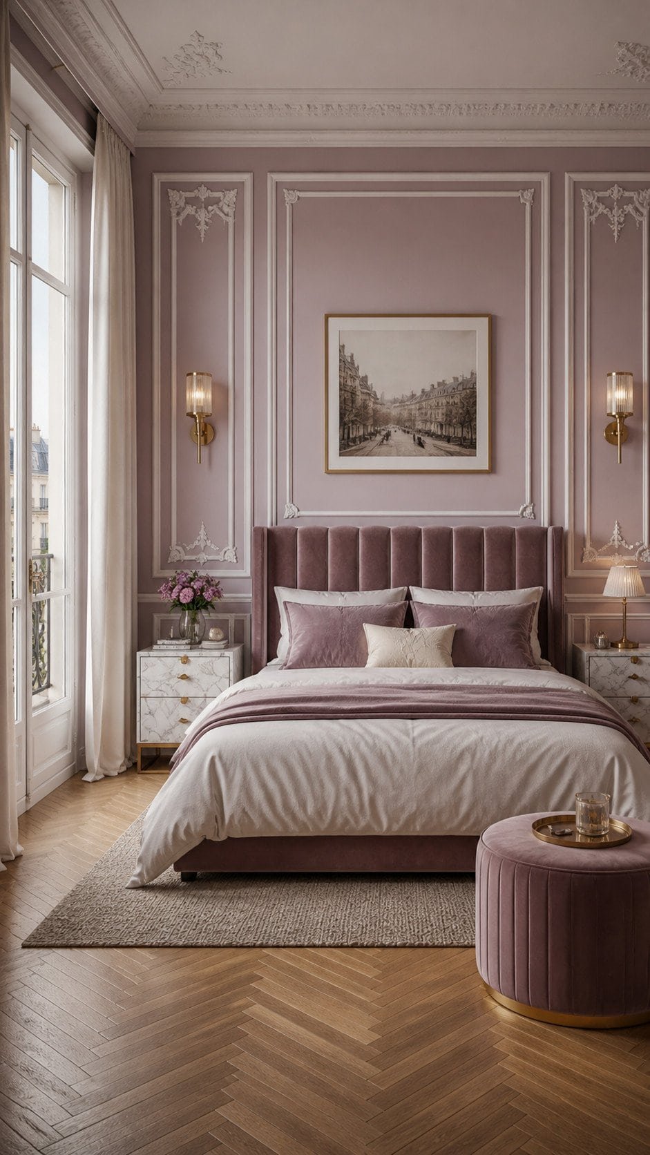 Luxurious Parisian bedroom in soft hues