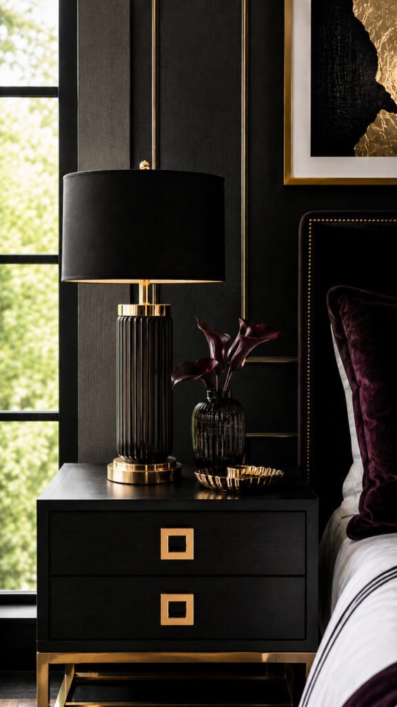 Luxurious bedside with black and gold accents