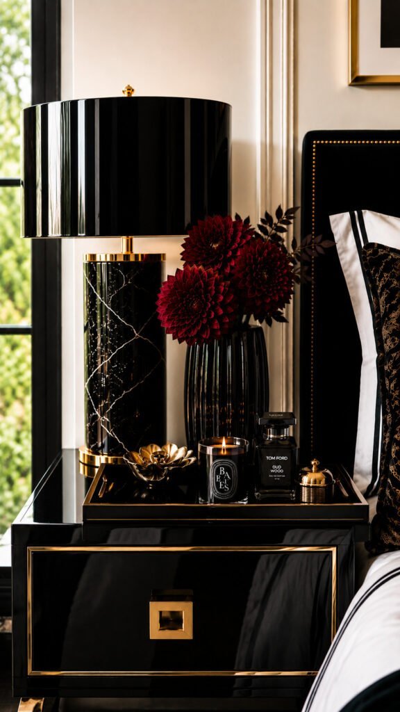 Luxurious black and gold bedroom decor