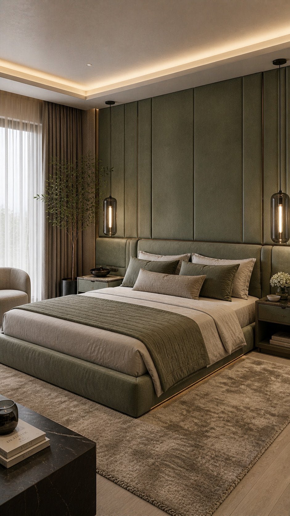 Luxurious modern bedroom with warm lighting