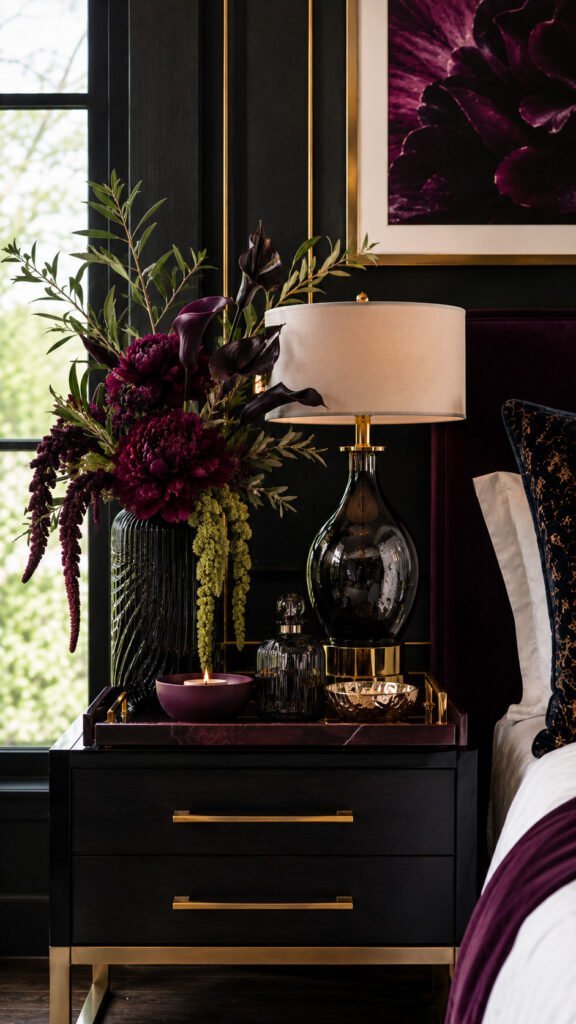 Luxurious moody bedside vignette