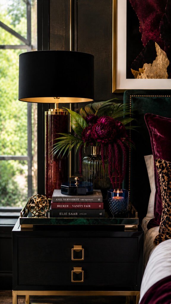 Luxurious red moody bedroom vignette