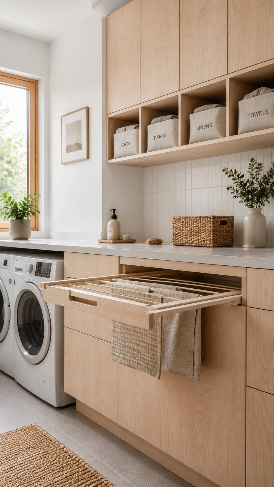 Minimalist Scandinavian laundry nook design