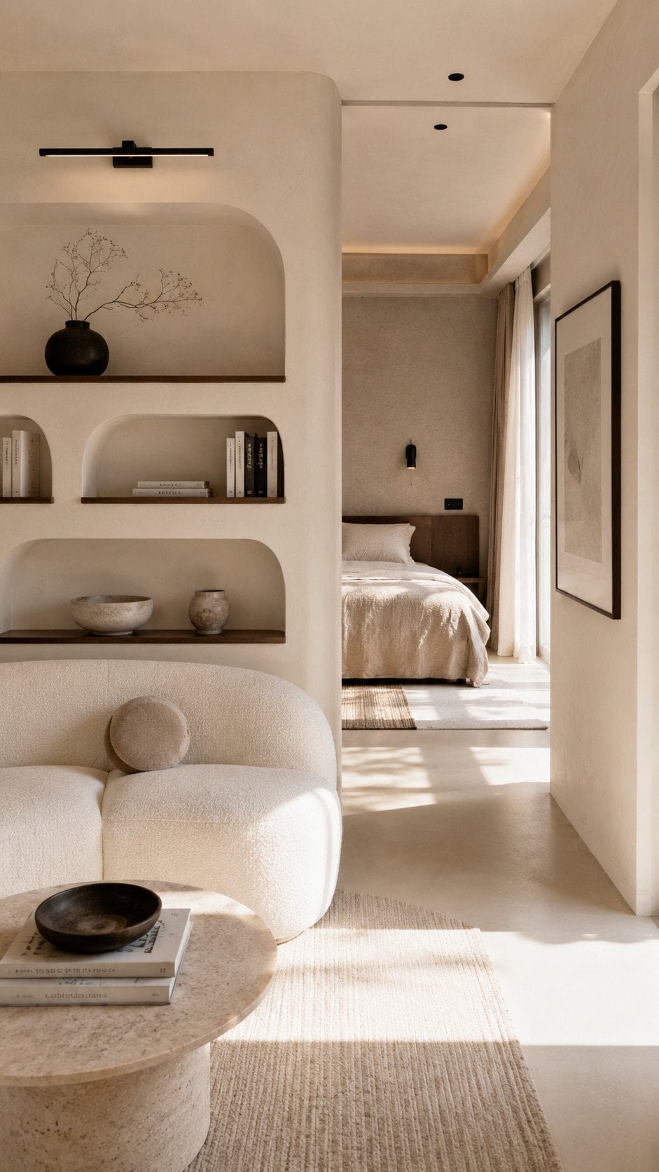 Minimalist living space with curved details