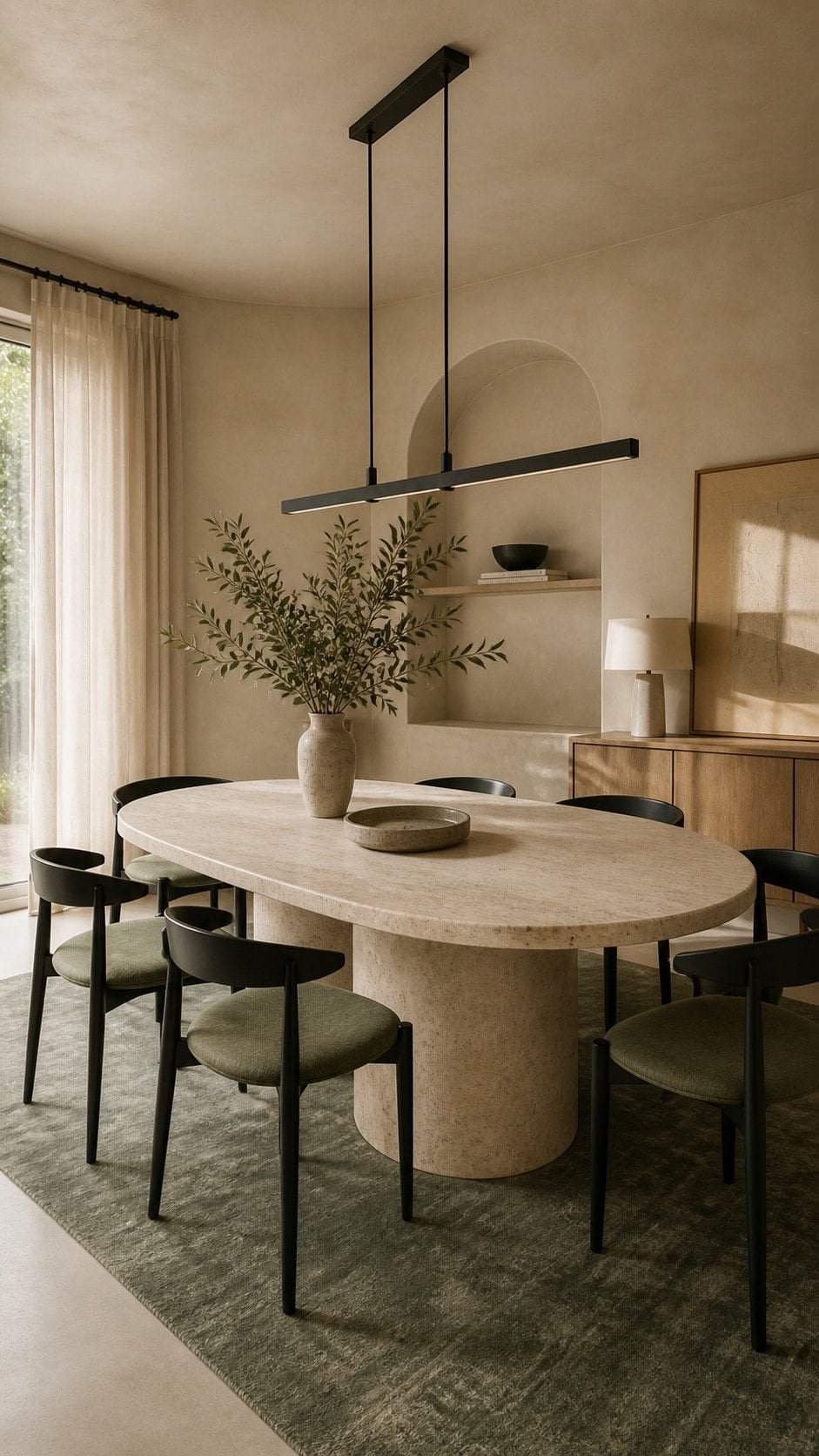 Modern minimalist dining room with greenery