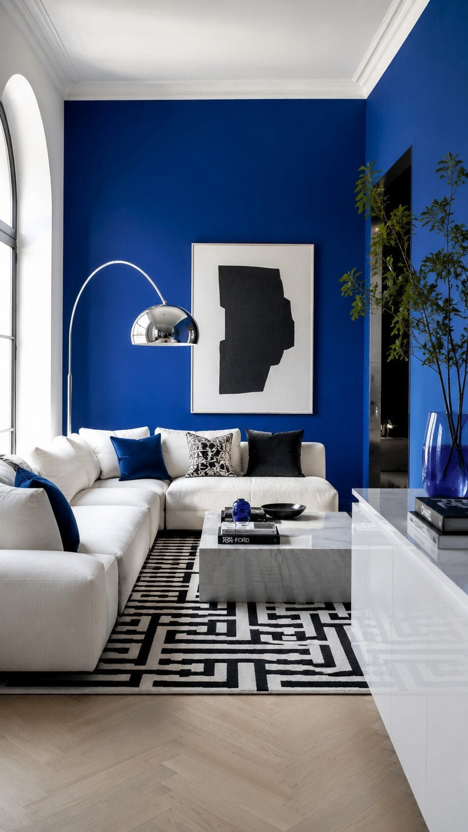 Modern minimalist living room with blue accents