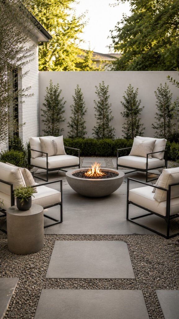 Modern minimalist patio with fire pit