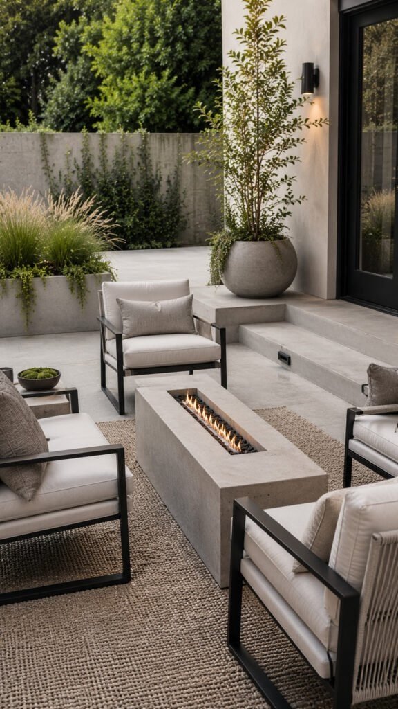 Modern minimalist patio with fire pit