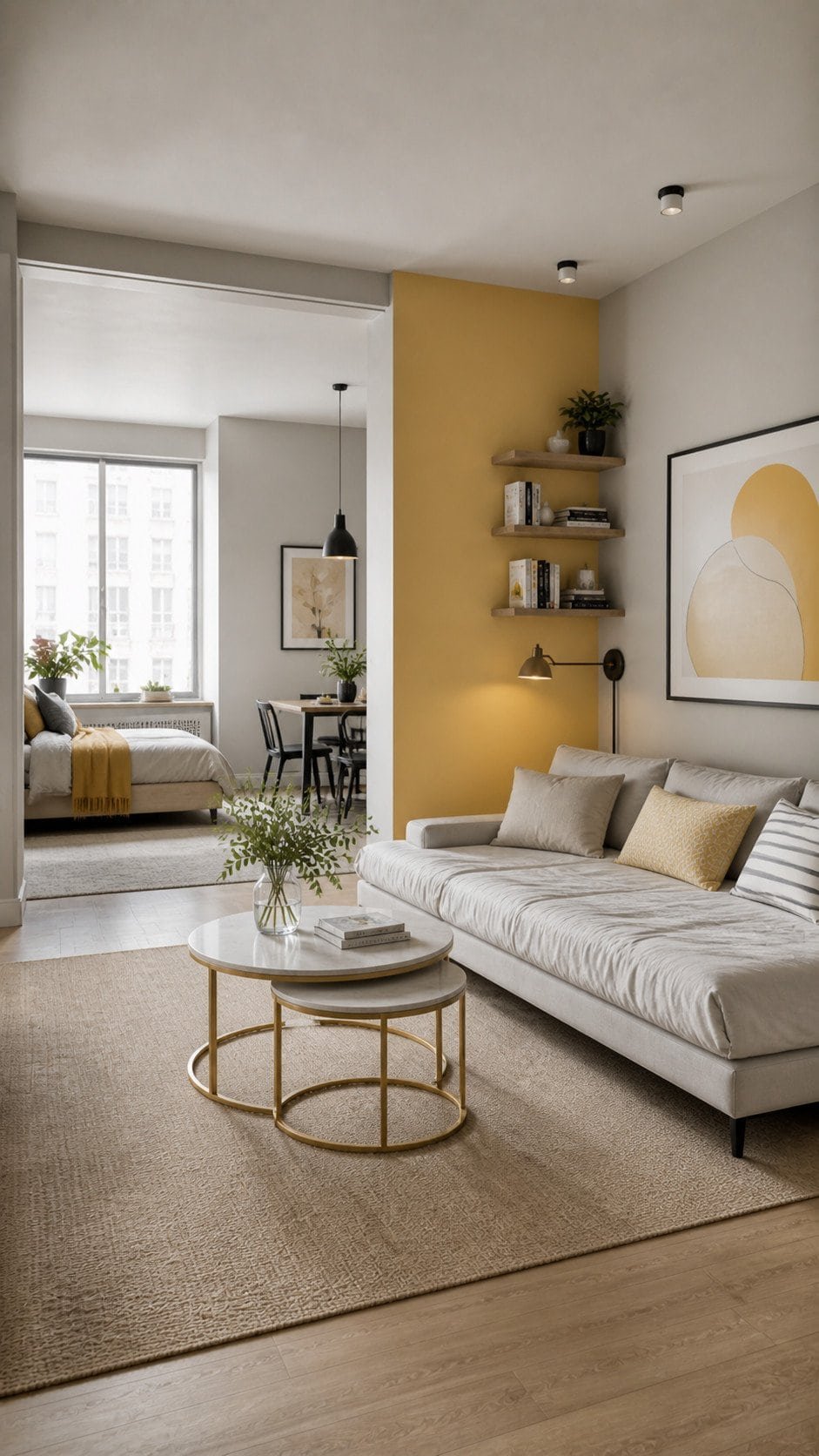 Modern minimalist studio with mustard accents