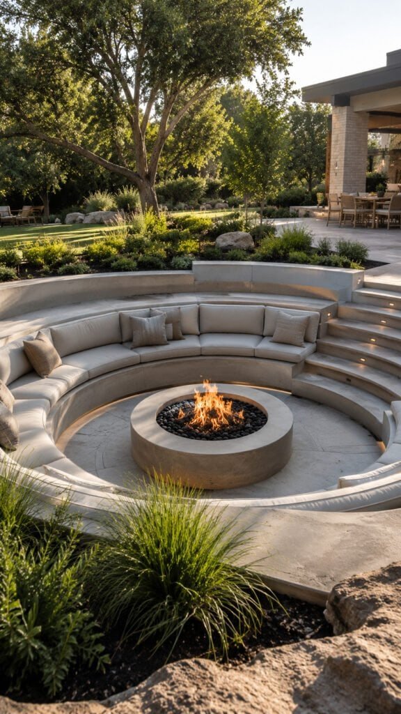 Modern sunken patio with fire pit