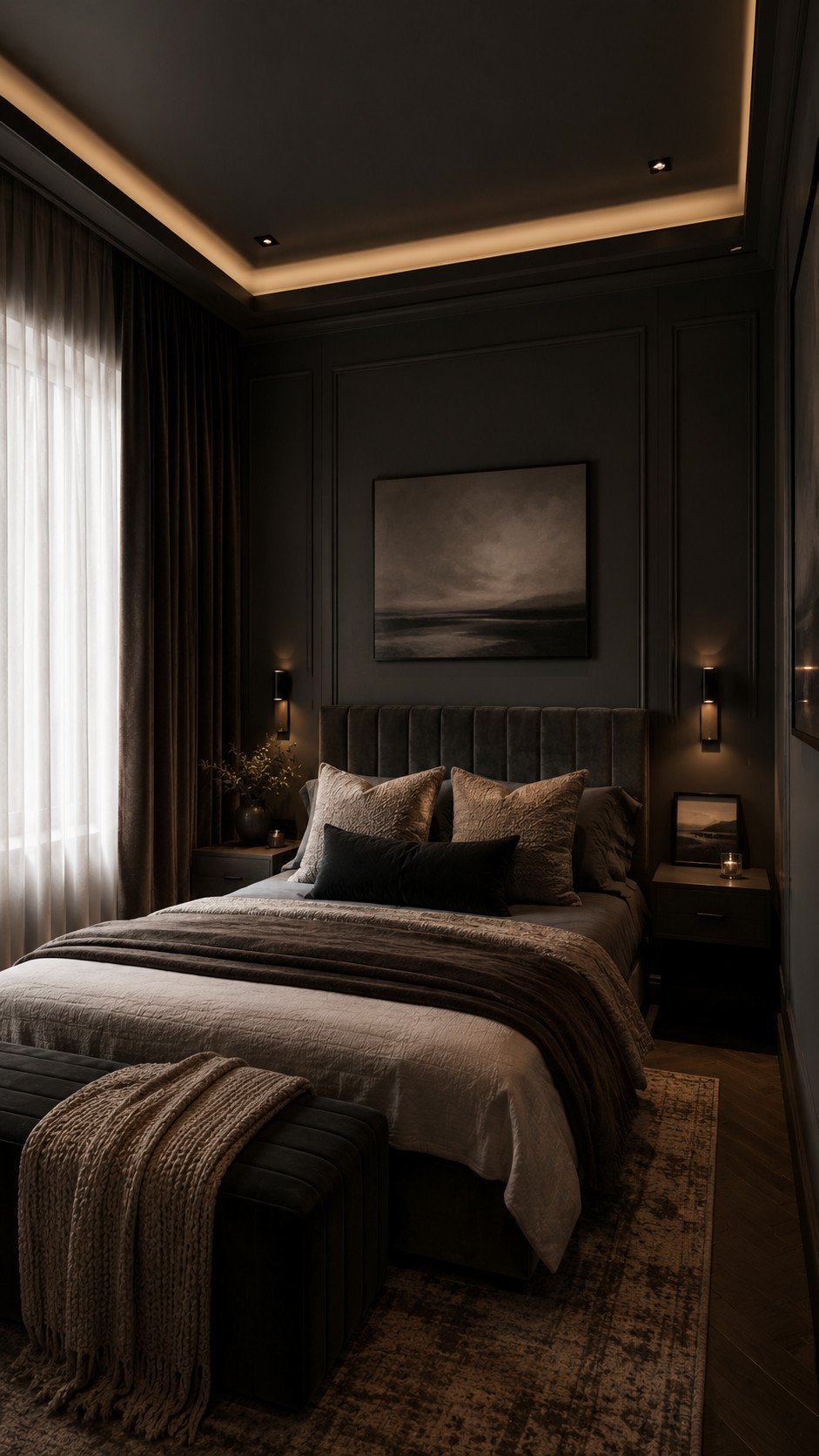Moody luxury bedroom with warm lighting