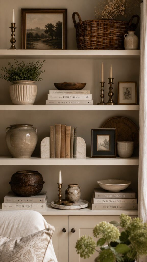 Neutral tones and rustic decor vignette