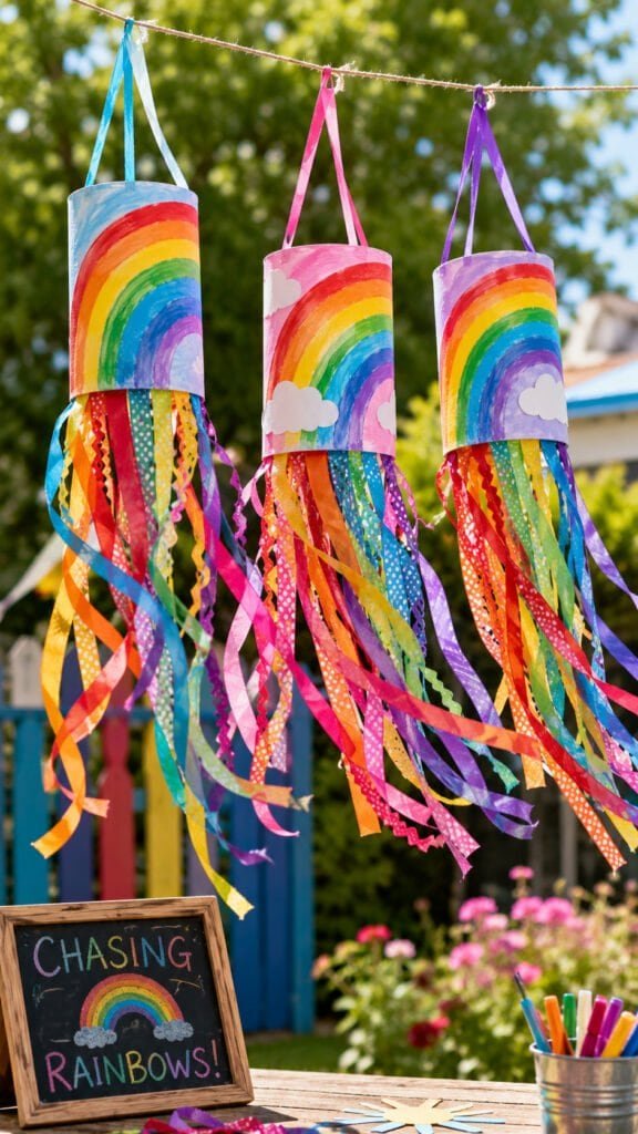 Rainbow windsocks in a sunny garden