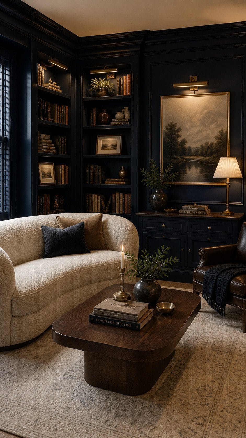 Refined navy study with warm lighting