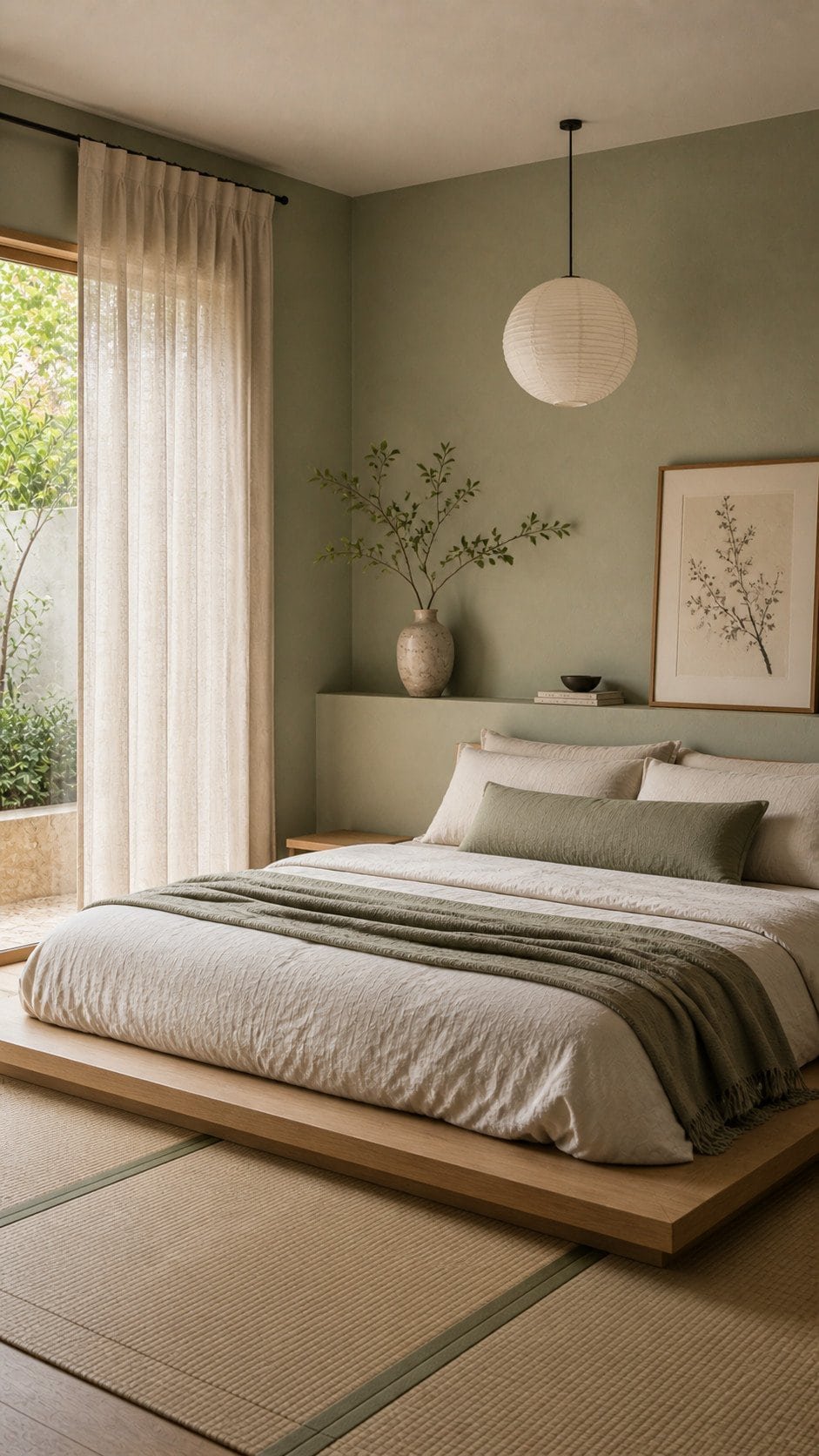Sage green minimalist bedroom