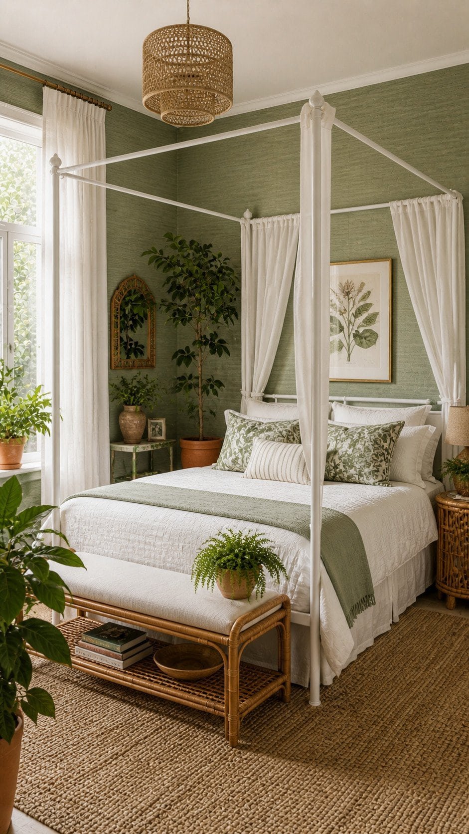 Serene botanical bedroom with rattan accents