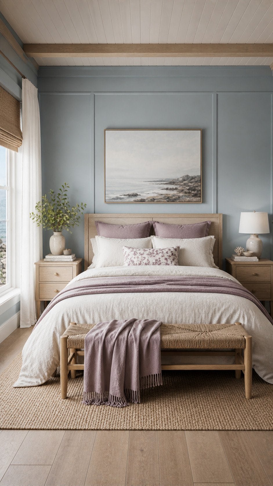 Serene coastal farmhouse bedroom retreat