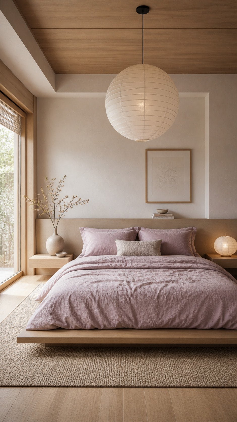 Minimalist bedroom in natural light - mauve bedroom ideas