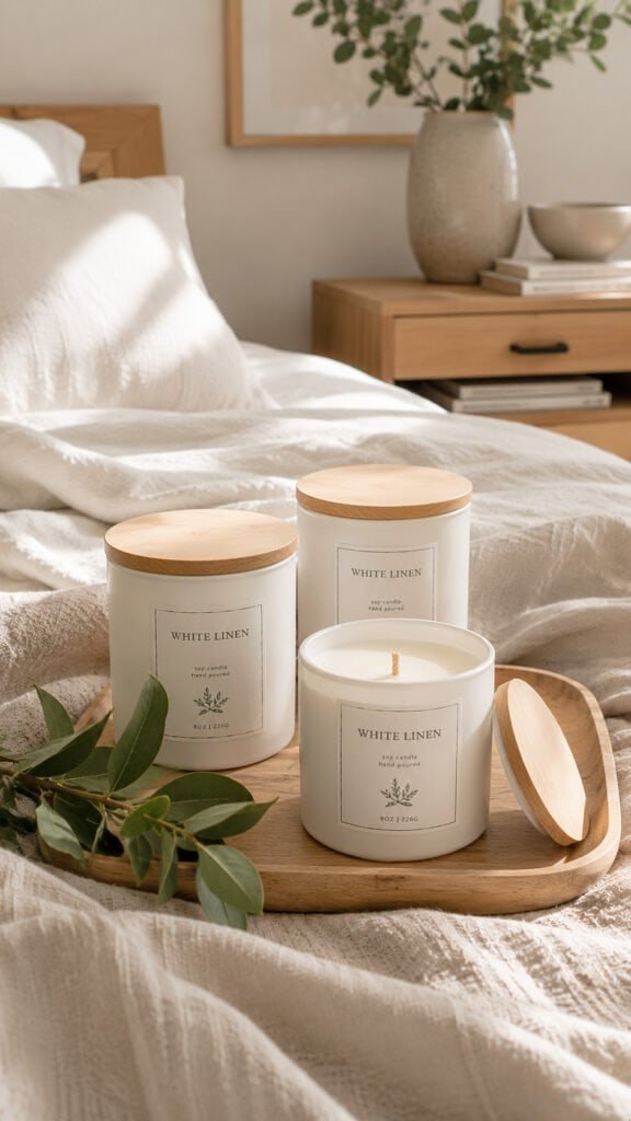 Serene minimalist bedroom with candles