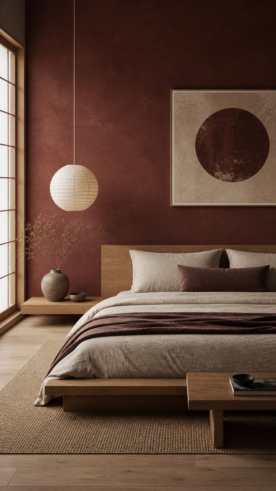 Serene minimalist bedroom with earthy tones