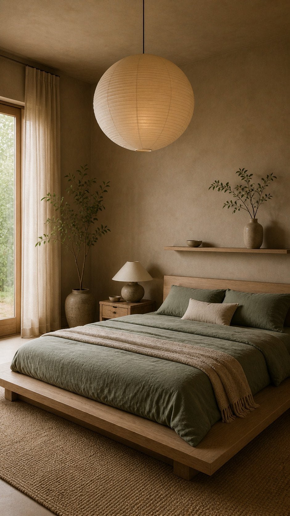 Serene minimalist bedroom with soft lighting