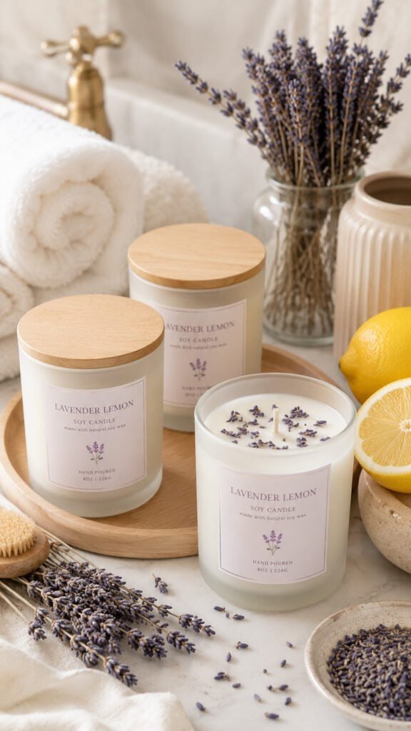 Spa essentials with lavender lemon candles