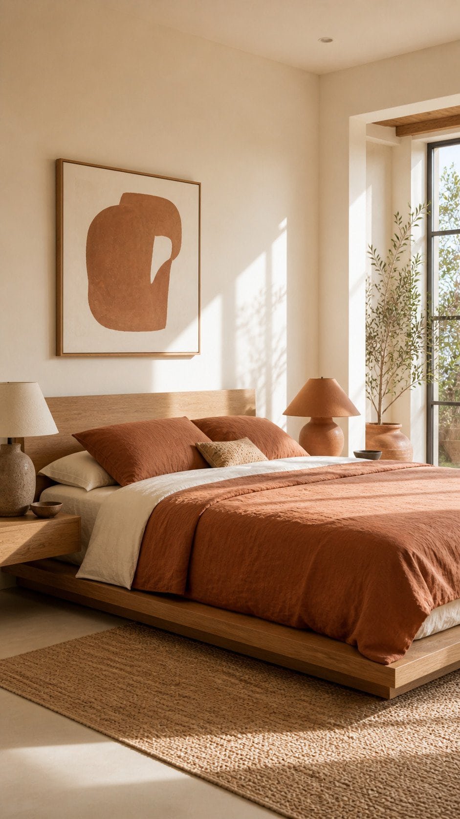 Sunlit minimalist bedroom with earthy tones