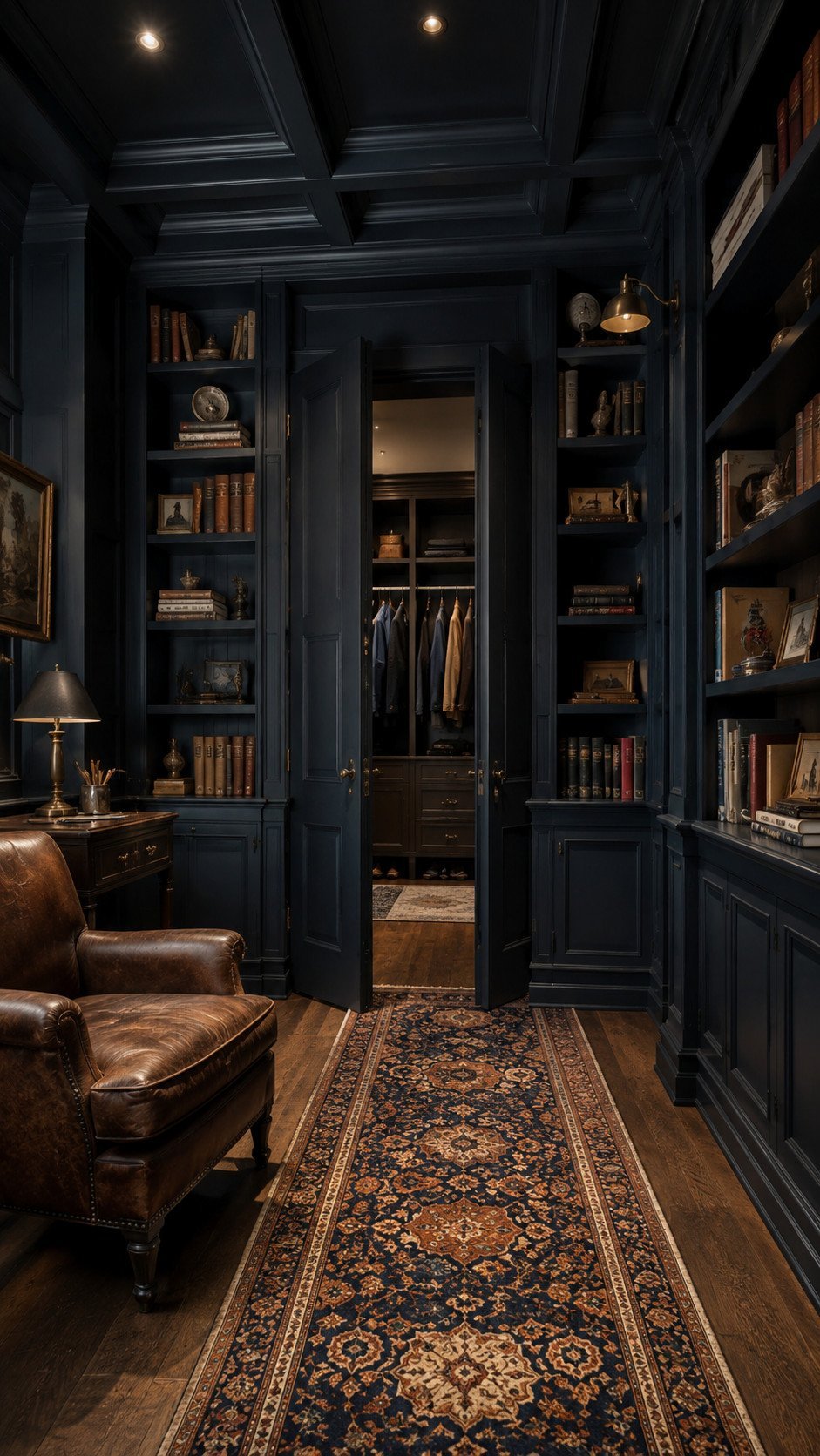 Upscale library with cozy closet passage