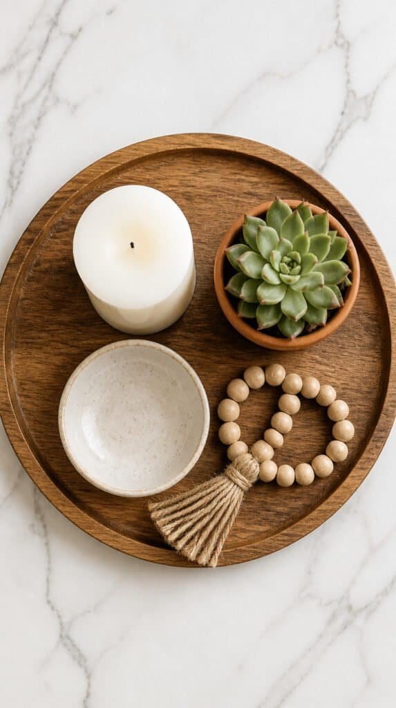 Coffee table decor ideas. Top-down flat lay of a wooden coffee table tray with white pillar candle, cream ceramic bowl, and succulent in terracotta pot on white marble surface