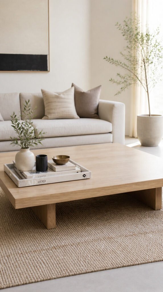 Minimalist coffee table in bright airy living room with one styled tray of grouped objects on one side and clear intentional negative space on the other half, clean editorial interior photography