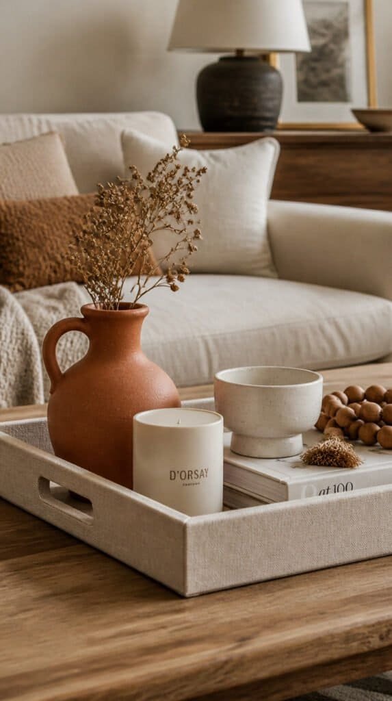 Coffee table in warm neutral living room with cream linen tray holding terracotta and white decor objects including a ceramic vessel and small dried stems, cohesive color palette