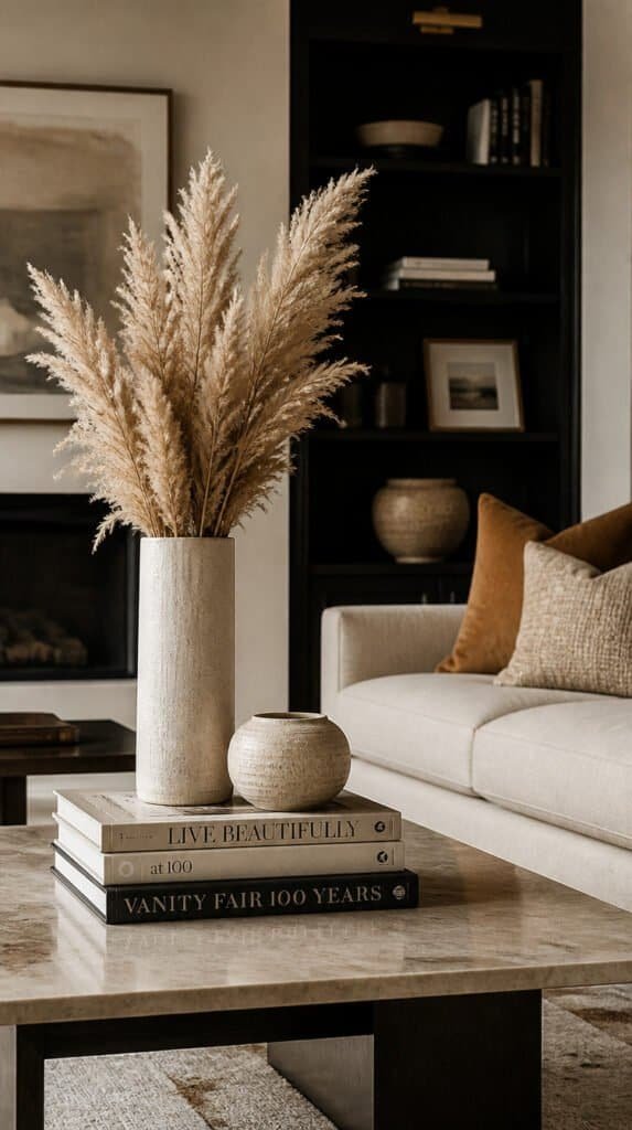 Top-down flat lay of a wooden coffee table tray with white pillar candle, cream ceramic bowl, and succulent in terracotta pot on white marble surface