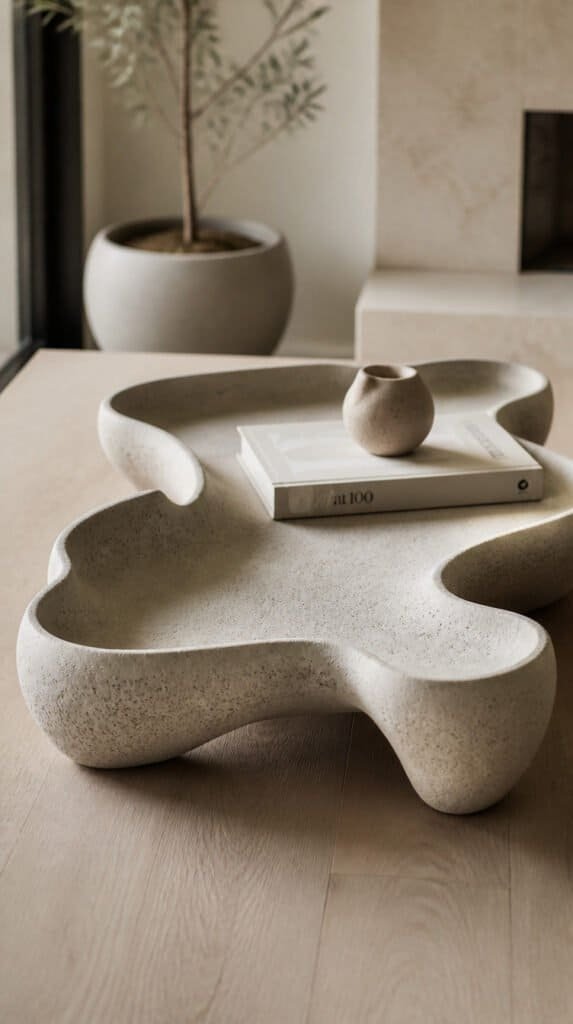 Top-down flat lay of a wooden coffee table tray with white pillar candle, cream ceramic bowl, and succulent in terracotta pot on white marble surface