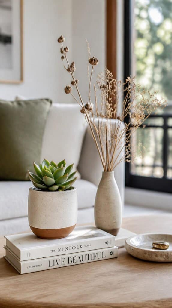 Coffee table vignette with small succulent in white terracotta pot and dried botanicals in a slim bud vase on light wood surface, natural morning light, editorial interior photography