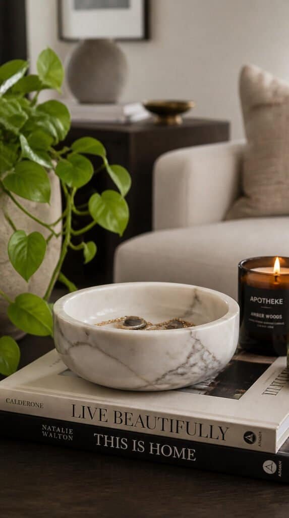 Decorative marble catchall bowl on a styled coffee table with small candle and trailing green plant nearby, neutral living room background, editorial home decor photography