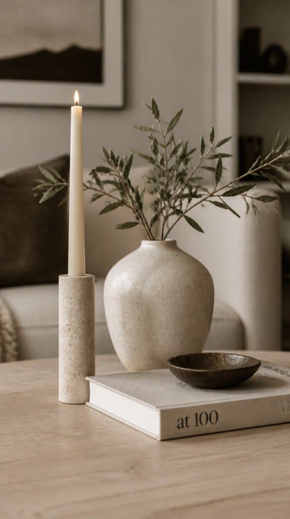 Coffee table vignette showing three decor objects grouped together at different heights, tall candle, medium ceramic vase, and small book, odd-number grouping, neutral palette, editorial home styling photography