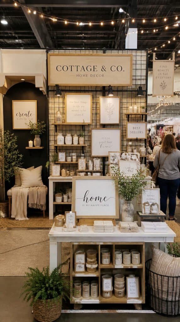 Wide shot of a beautifully styled craft fair vendor booth that looks like a boutique retail store with gridwall backdrop, layered risers, warm lighting, and cohesive neutral branding