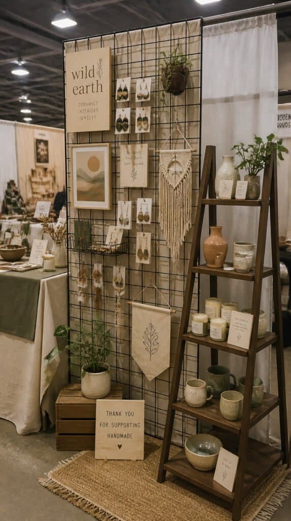 Craft fair vendor booth with tall vertical gridwall display panel and folding ladder shelf with ceramic vessels and candles in warm neutral palette