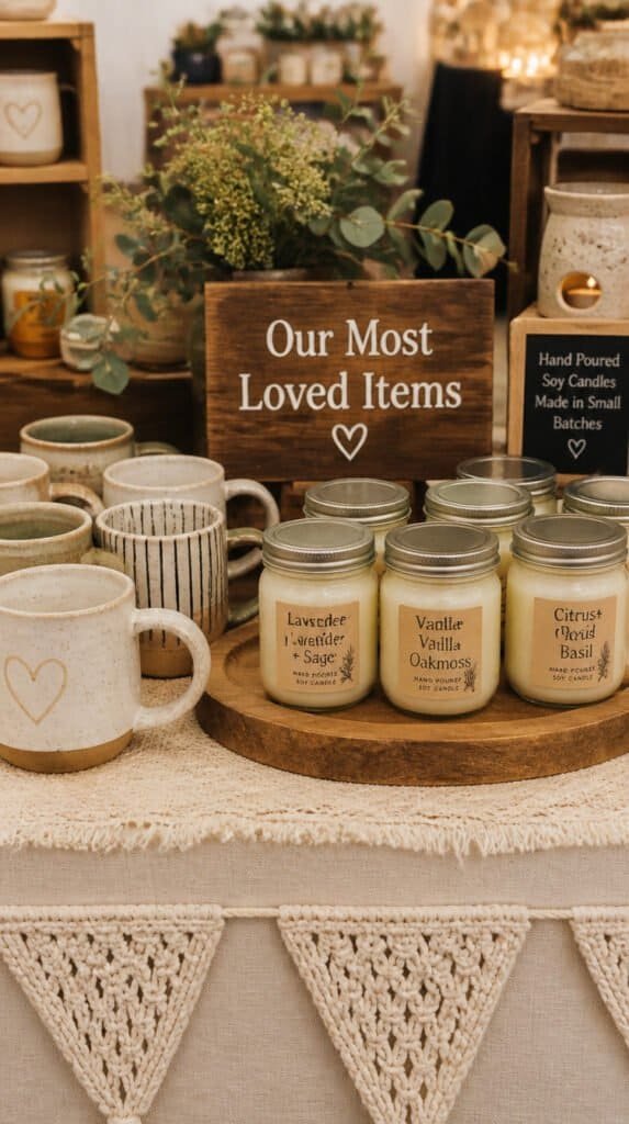 Craft fair table best sellers zone with wooden sign reading Our Most Loved Items, candles and ceramic mugs grouped on a wooden tray at easy reach height