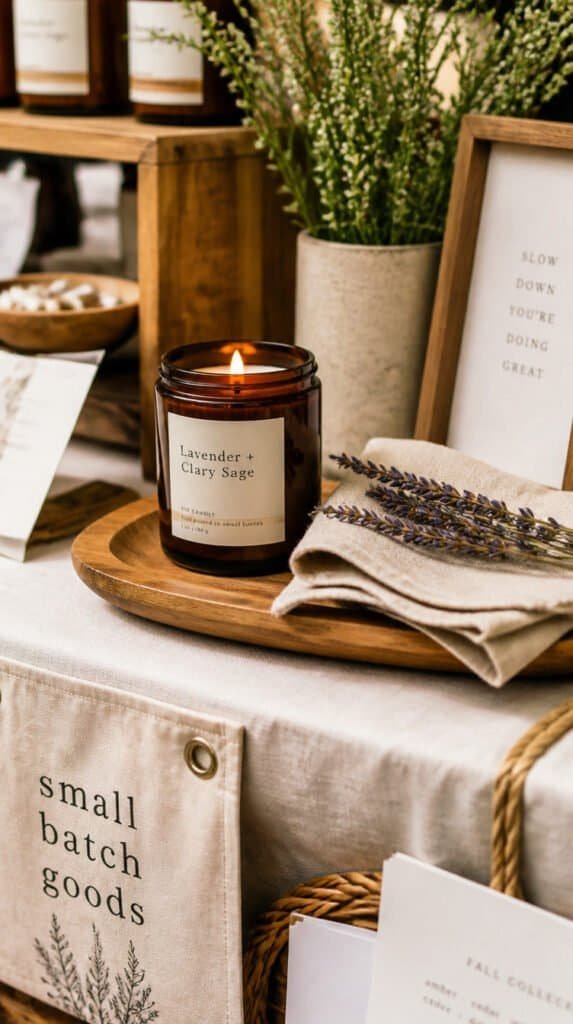 Styled craft fair booth vignette corner with soy candle on a wooden tray beside a folded linen napkin and dried lavender sprig, magazine quality editorial photography