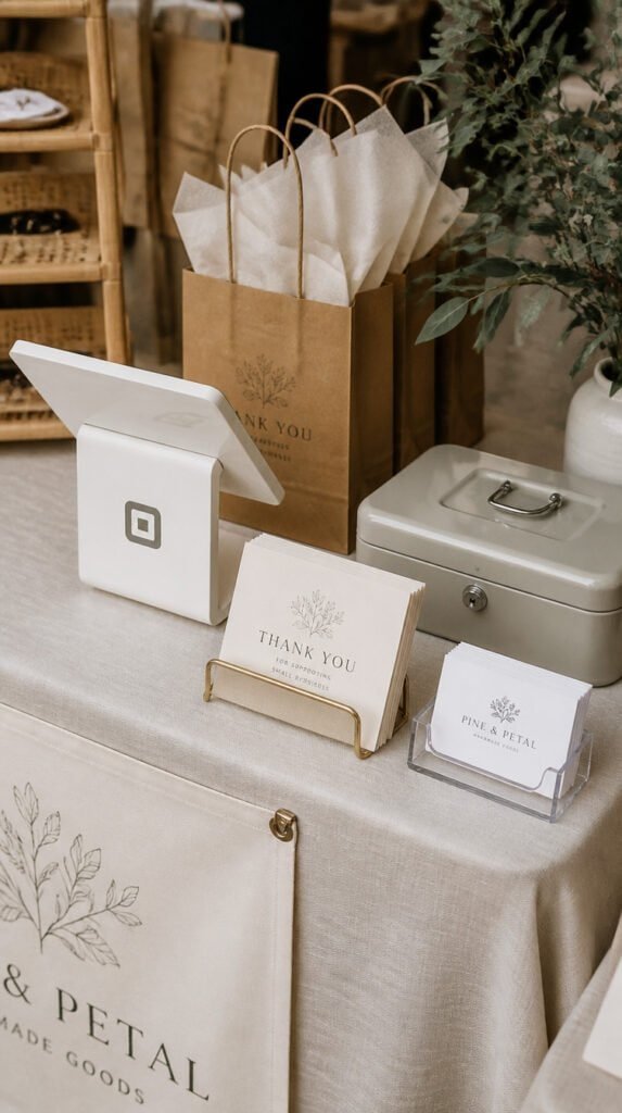Craft fair vendor checkout corner with Square card reader on stand, kraft bags with tissue paper, thank you cards, business card holder and cash box, neatly organized