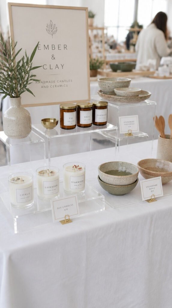 Craft show vendor table with acrylic display risers at three different heights holding candles and ceramic bowls, white linen tablecloth, clean editorial photography