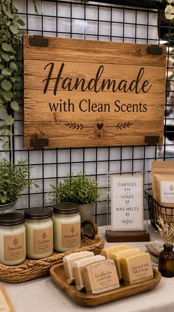Craft fair booth wooden business sign on gridwall backdrop above a styled vendor table with price sign nearby, natural warm lighting