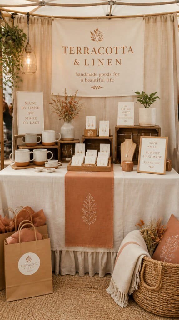 Craft fair vendor booth with cohesive color branding in cream, natural linen, and terracotta throughout table skirt, kraft bags, tissue paper, and wooden risers