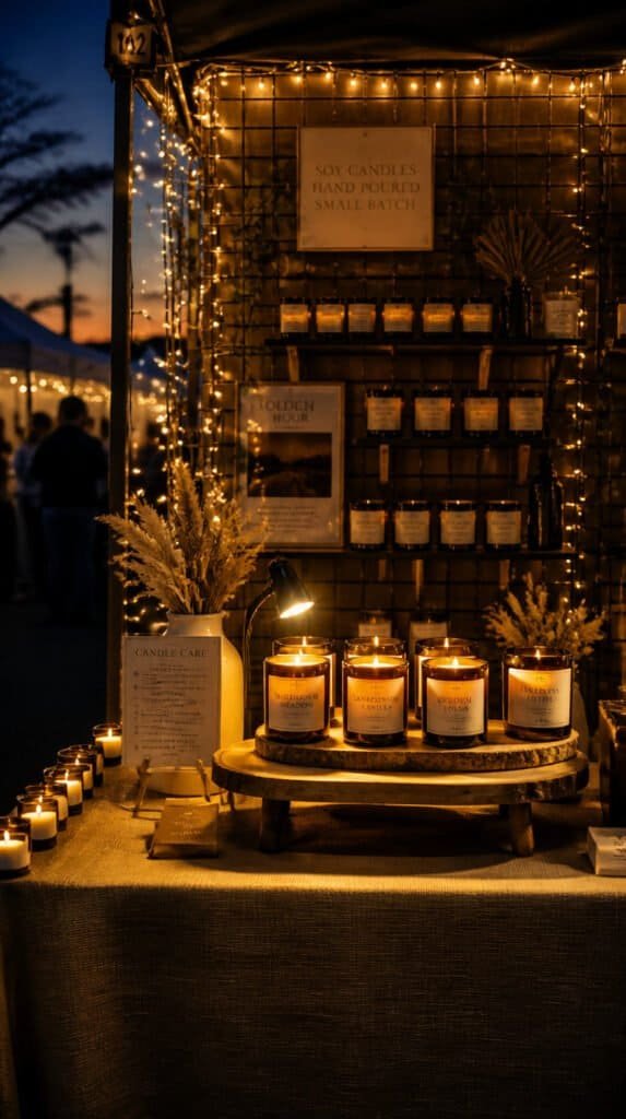 Craft fair vendor booth at dusk with battery-operated LED string lights draped around gridwall backdrop and spotlight on candle display, warm amber glow