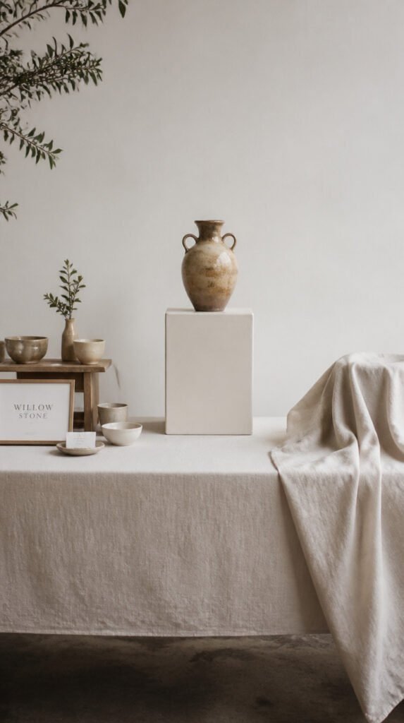 Minimalist craft fair vendor table with intentional negative space between product groupings, single ceramic piece on riser with open breathing room, soft linen drape